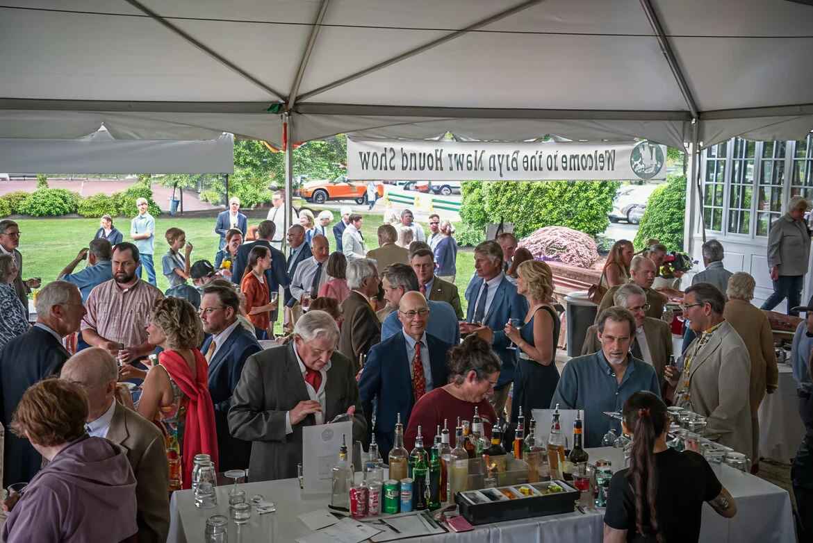 Gathering of people under a tent with a bar